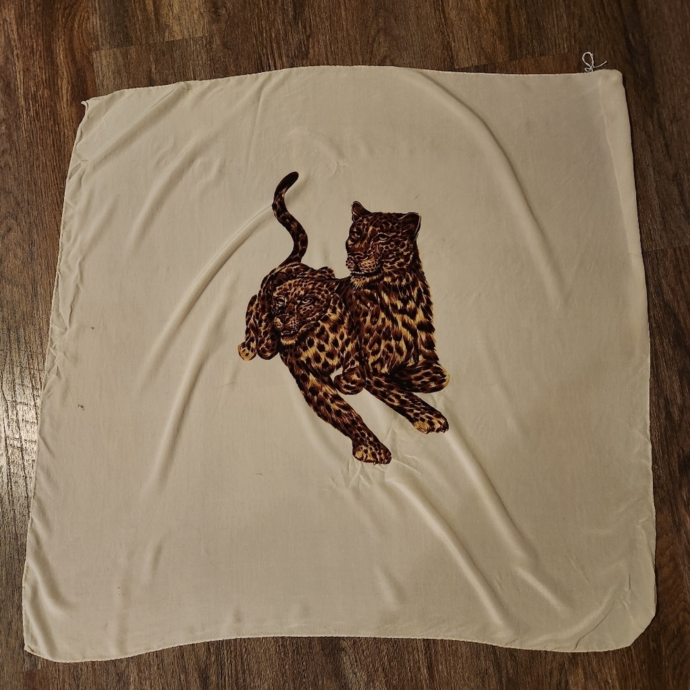 Vintage Leopard Print White Square Silk Scarf - Picture 3 of 5